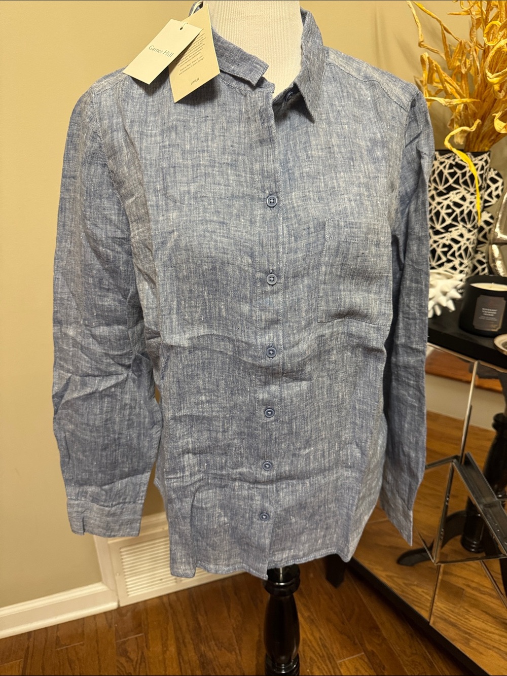 Garnet Hill Blue Linen Button-Front Top Size 12 NWT